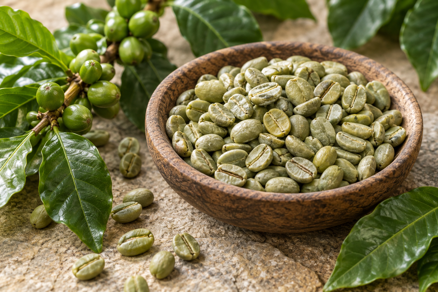 Green, unroasted coffee beans in a still life
