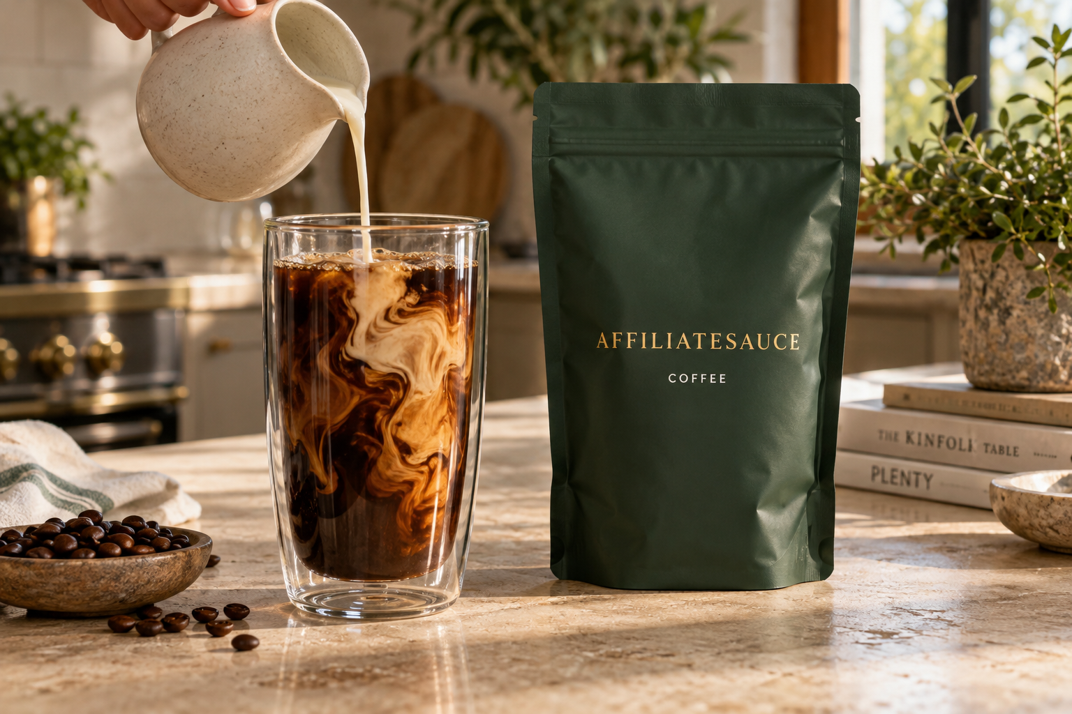 Coffee beside fictional AffiliateSauce Coffee packaging