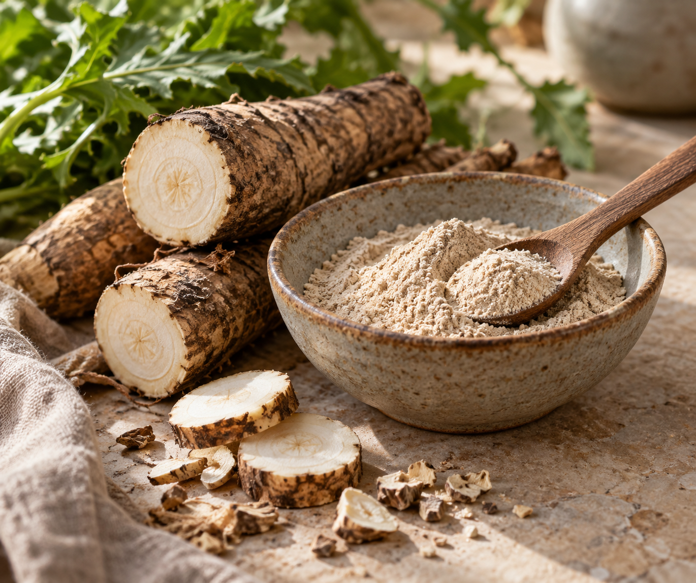 Chicory-style roots and powder in a ceramic bowl