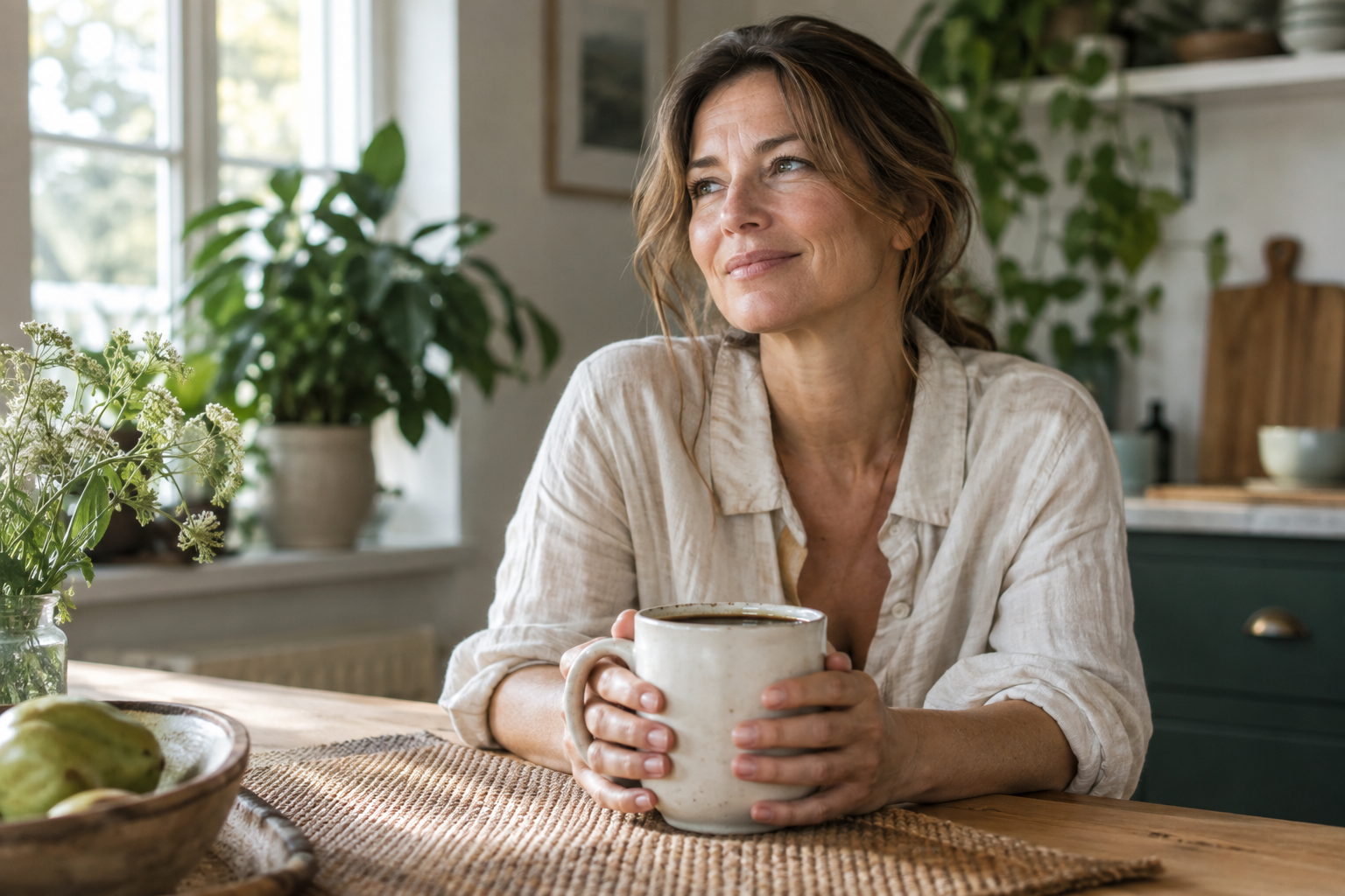 Woman taking a coffee break at a kitchen table